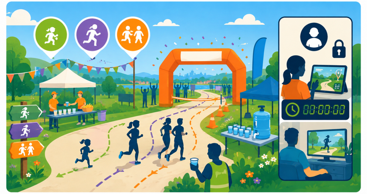 Course familiale solidaire avec bénévoles, parcours et collecte transparente, plus un petit écran secondaire.